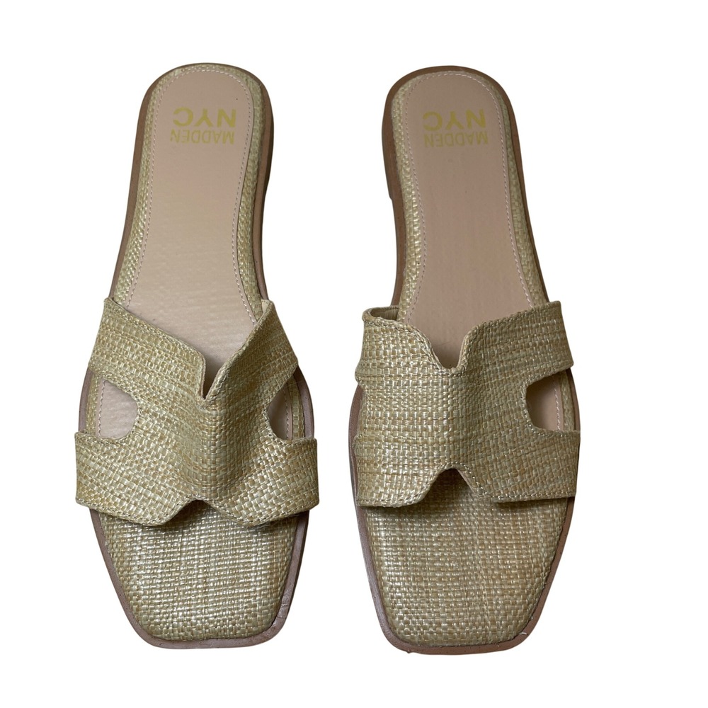 Madden NYC Womens Tan Woven Straw H-Band Square Toe‎ Flat Slide Sandals Size 9